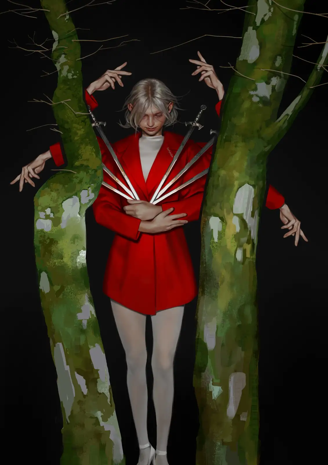 A person with silver hair and a red blazer stands between two green trees, holding multiple swords in a fan shape against…
