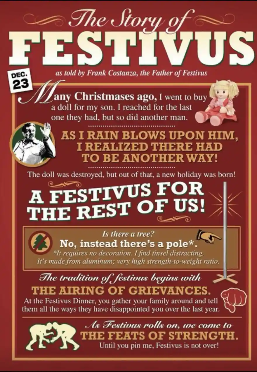 A red poster titled 'The Story of FESTIVUS as told by Frank Costanza, the Father of Festivus' details the fictional…