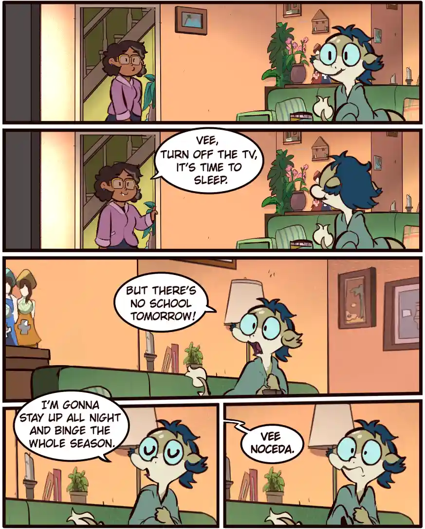 A four-panel comic strip shows a young anthropomorphic character named Vee refusing to turn off the TV at bedtime, claiming…