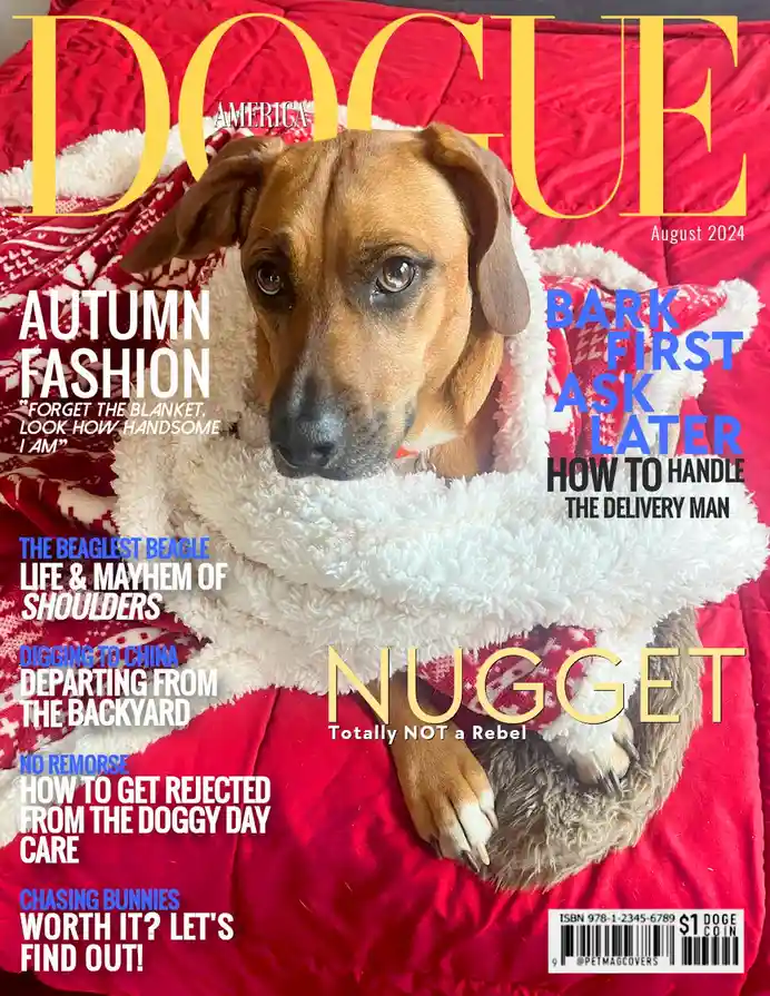 A brown dog with floppy ears and a fluffy white blanket draped around its neck is featured on a parody magazine cover styled…