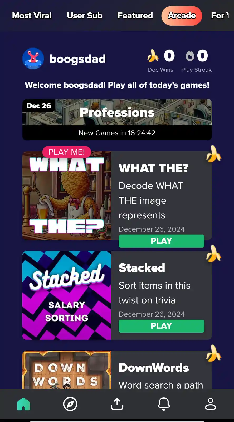 A screenshot of the 'What The?' game from the 'boogsdad' user profile in the Arcade section of a mobile game app. The game's…