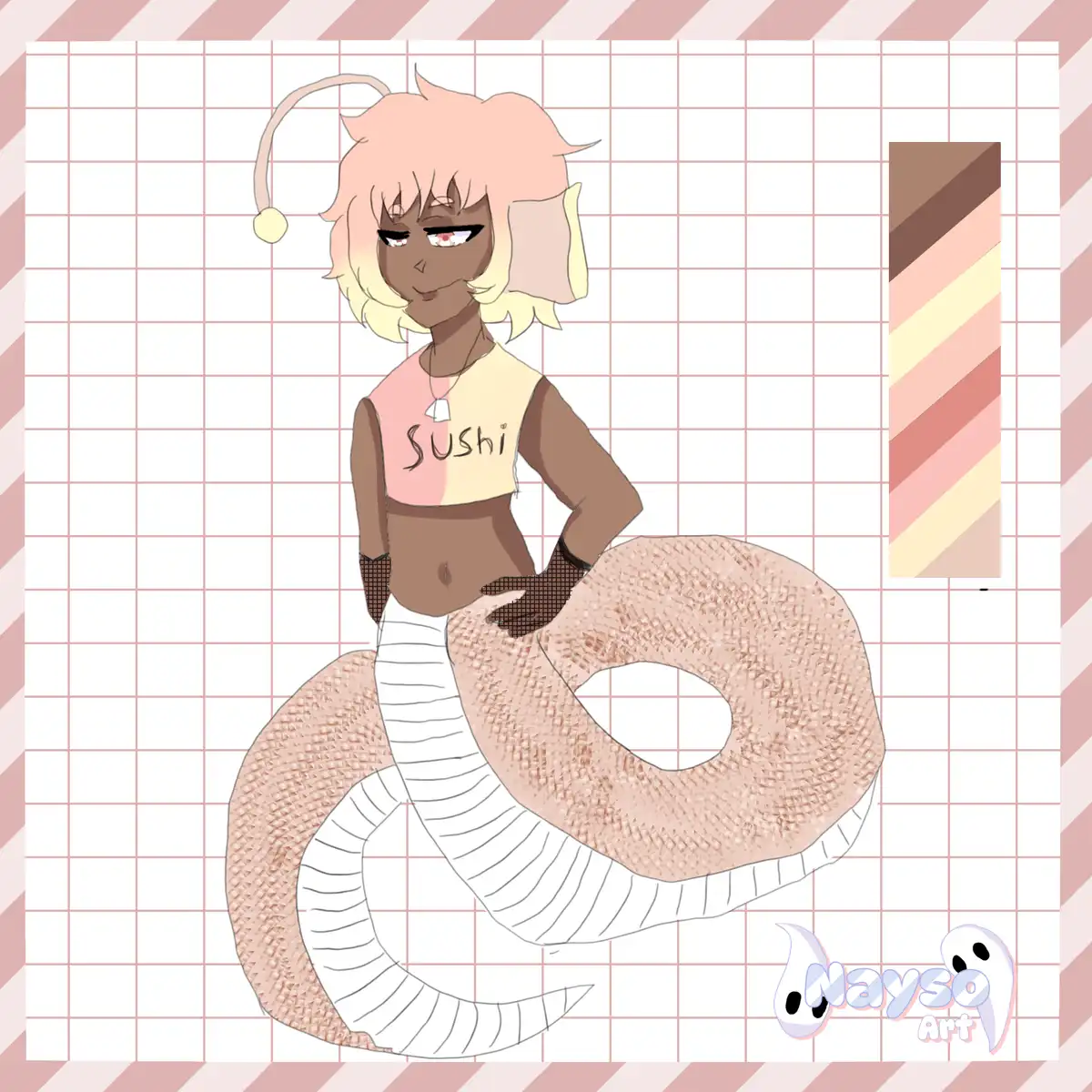 A cartoon illustration of a pink-haired, dark-skinned anthropomorphic snake with a sleepy expression, wearing a cropped top…