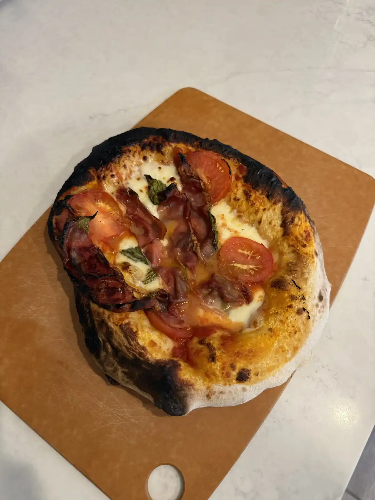 A close-up photo of a small, rustic pizza with a charred crust, topped with melted cheese, sliced tomatoes, and pieces of…