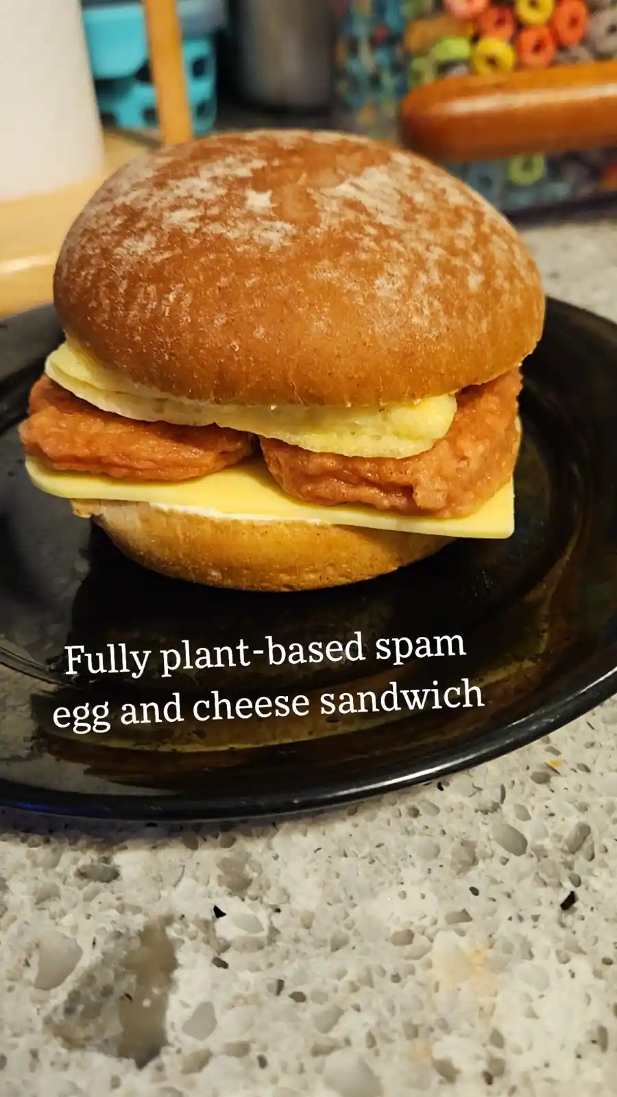 A close-up photo of a sandwich on a dark plate, featuring a plant-based spam-like patty, a fried egg, and a slice of cheese…