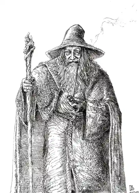 A black-and-white line drawing depicts a wizard with a long beard, pointed hat, and robe, holding a staff and a pipe from…