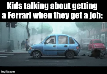 Six panels show a blue cartoon car in various traffic scenarios, each with the text 'Kids talking about getting a Ferrari…