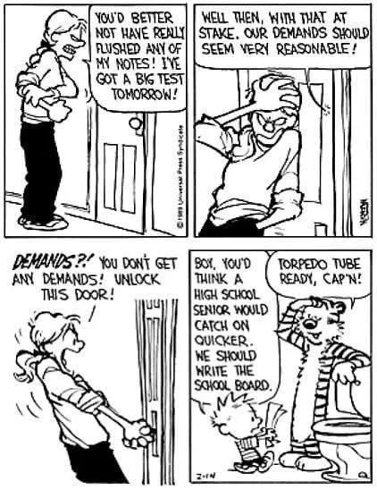A four-panel comic strip shows a girl threatening to unleash her 'demands' if her test notes are ruined, then a boy and cat…