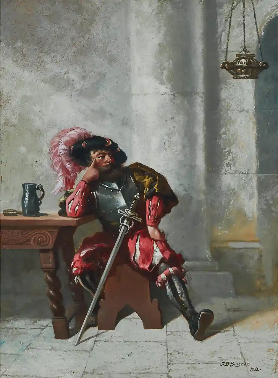 A classical painting depicts a bearded man in 17th-century armor and red clothing, sitting slumped at a wooden table with a…