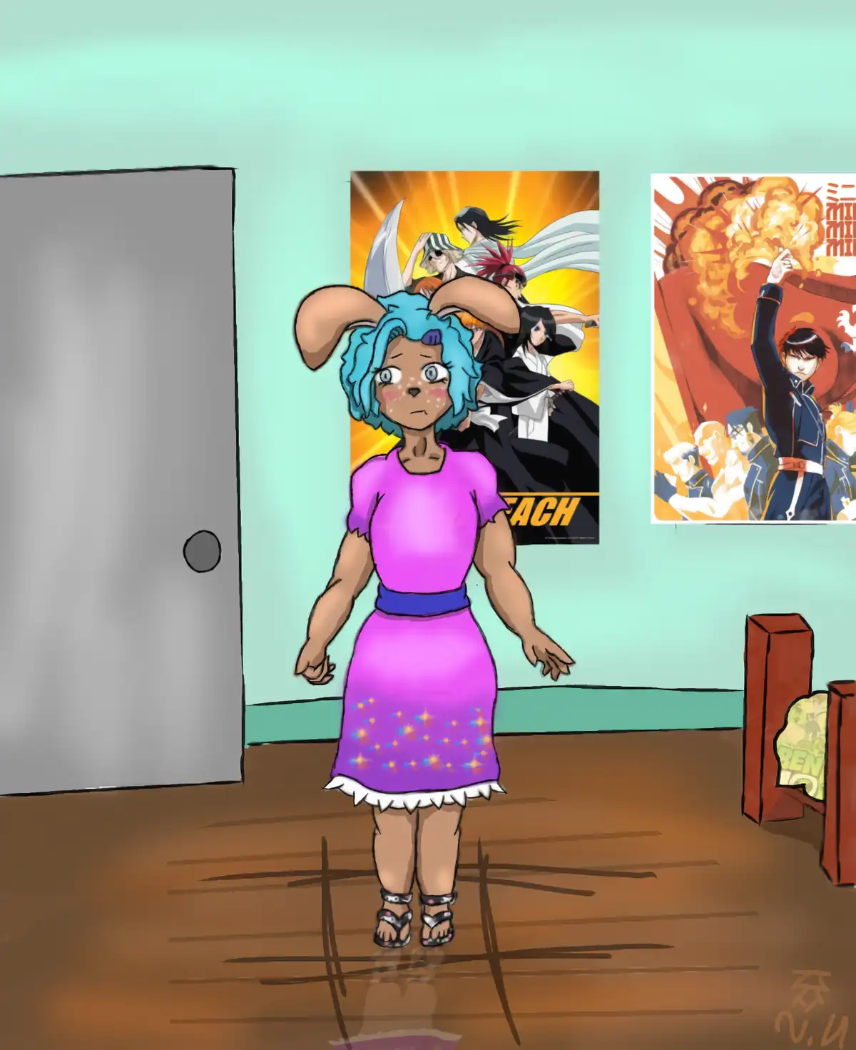 A cartoon girl with blue hair, bunny ears, and a pink dress stands in a room with anime posters on the wall, looking…