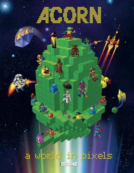 A pixel-art poster shows a large green acorn-shaped structure made of blocks floating in space, populated by various cartoon…
