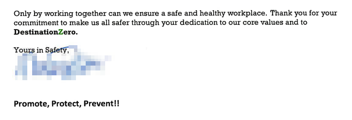 A corporate safety email with a blurred signature, featuring the text 'Only by working together can we ensure a safe and…