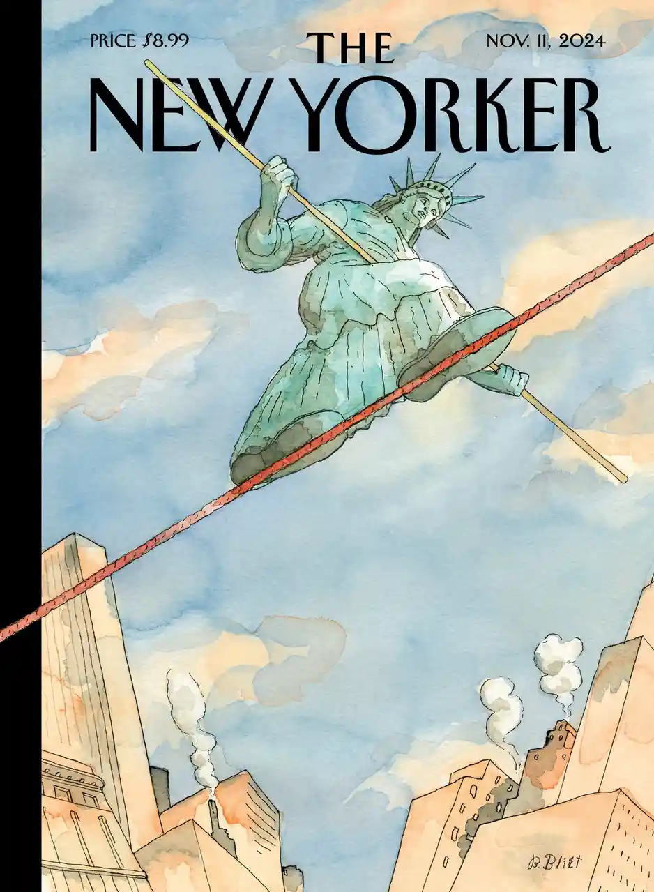 The image is a watercolor illustration of the Statue of Liberty balancing on a red tightrope suspended between two city…