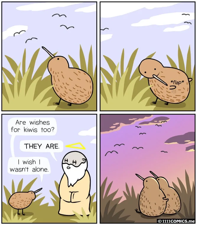 A four-panel comic shows a solitary kiwi bird looking lonely, then flapping its wings, then talking to a bearded angel who…