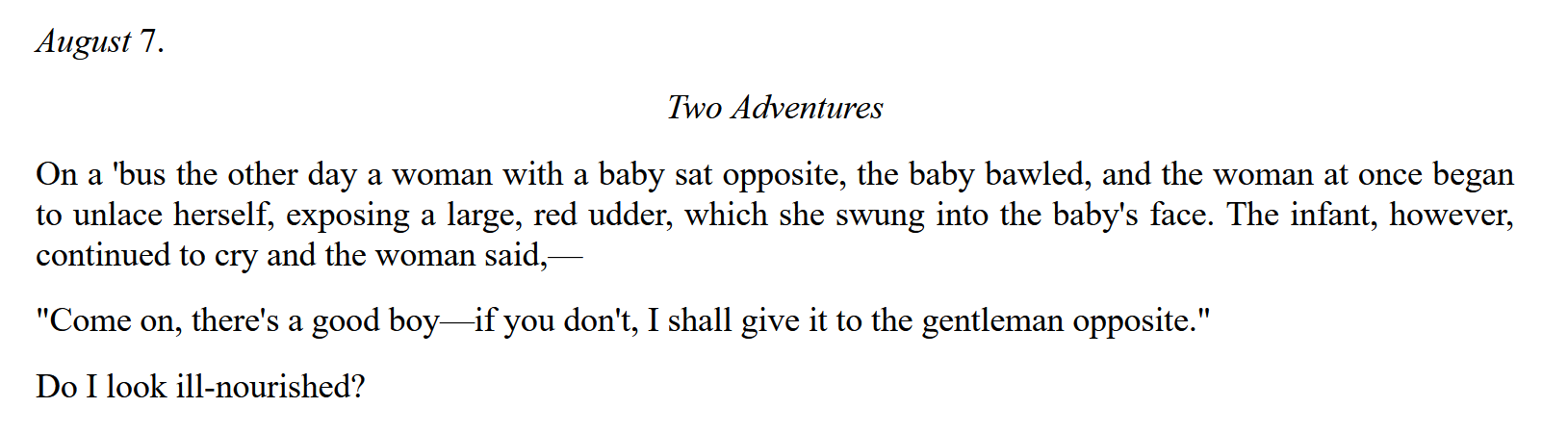 The image displays a page from a book titled 'Two Adventures,' dated August 7. The text recounts a bizarre anecdote where a…