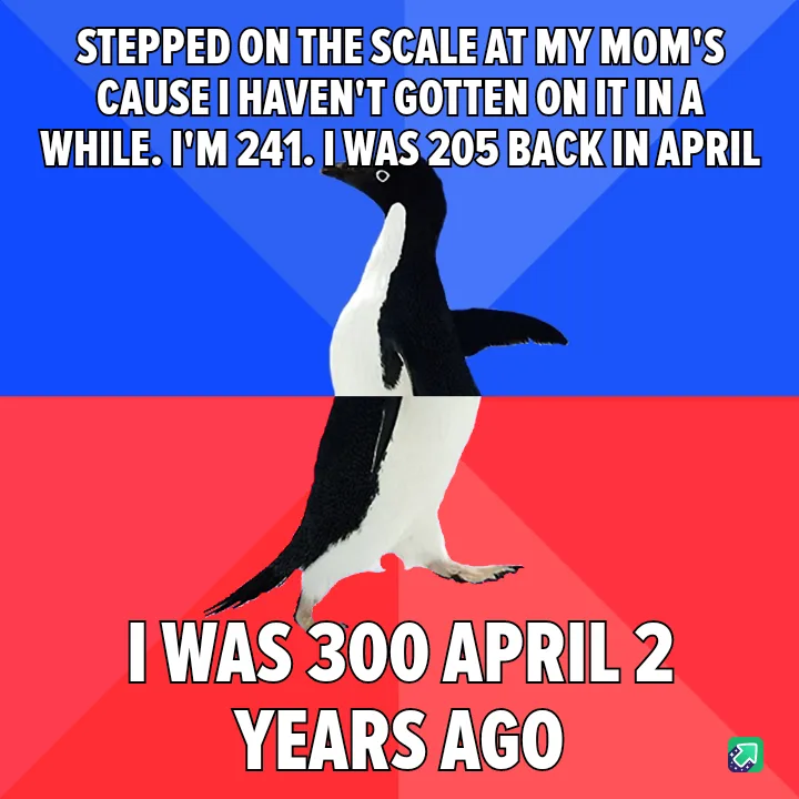 A penguin stands centered against a blue and red background, with white text overlaid in two sections. The top text reads…