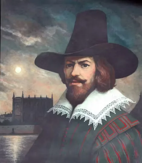 A classical portrait of a man with a mustache and beard, wearing a black wide-brimmed hat and a white lace collar, set…