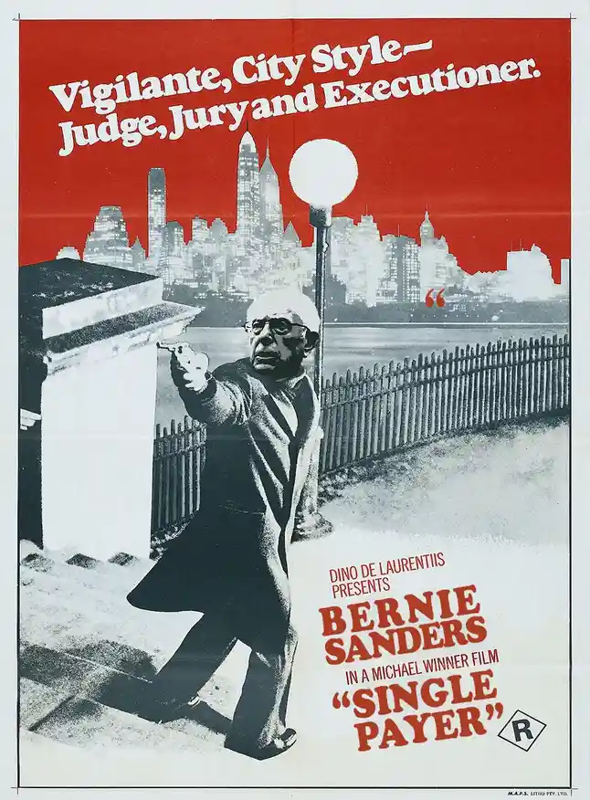 A movie poster parody featuring Bernie Sanders in a trench coat pointing a gun, set against a city skyline with red text…