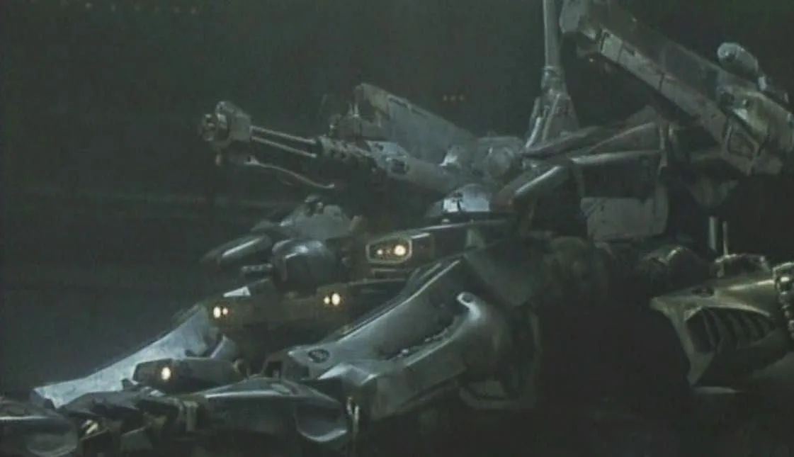 A dark, gritty scene featuring a large, heavily armed, mechanical robot with glowing lights, seemingly in a combat or…