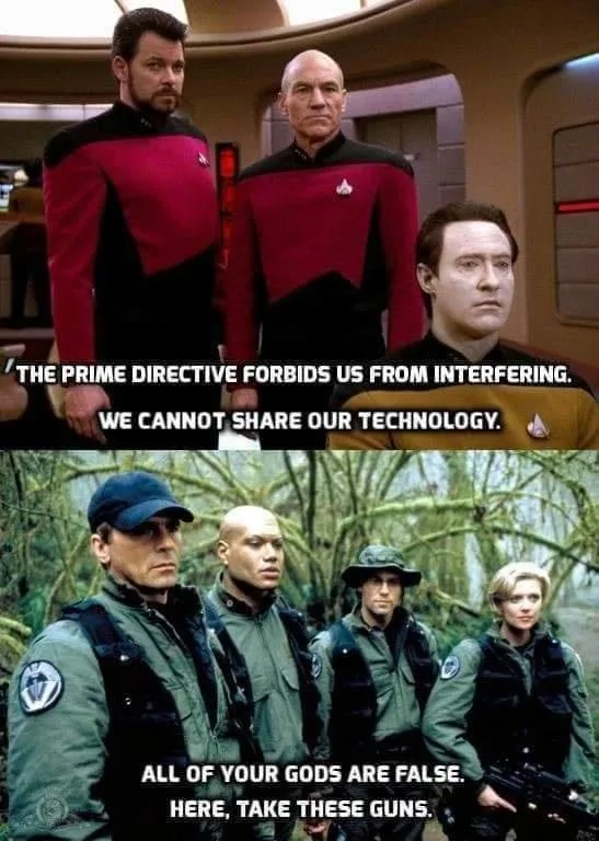 The meme juxtaposes two scenes: the top shows three Star Trek crew members in red and gold uniforms looking serious, with…