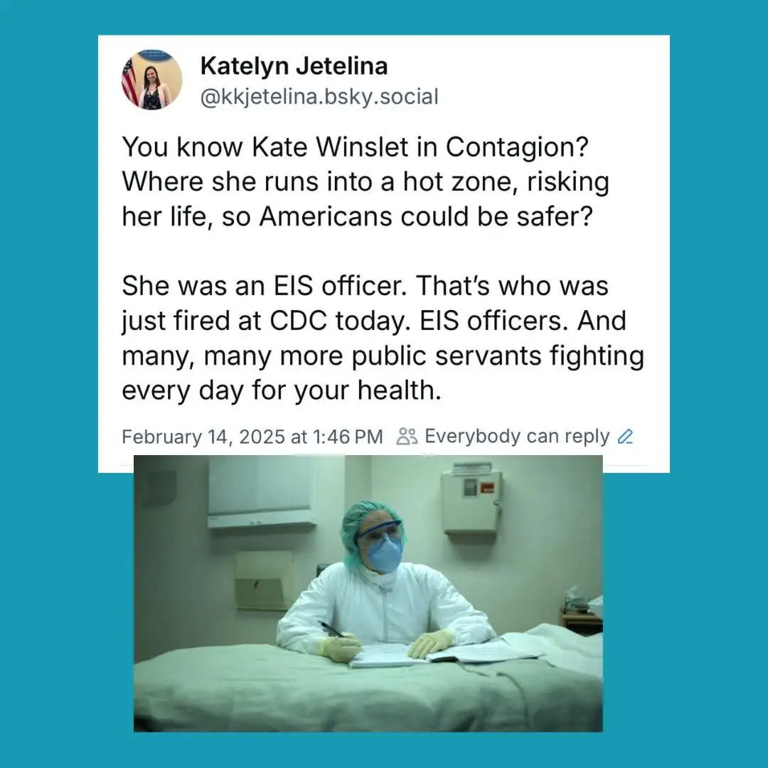 A screenshot of a social media post by Katelyn Jetelina, overlaid on a still image from the movie 'Contagion' showing Kate…