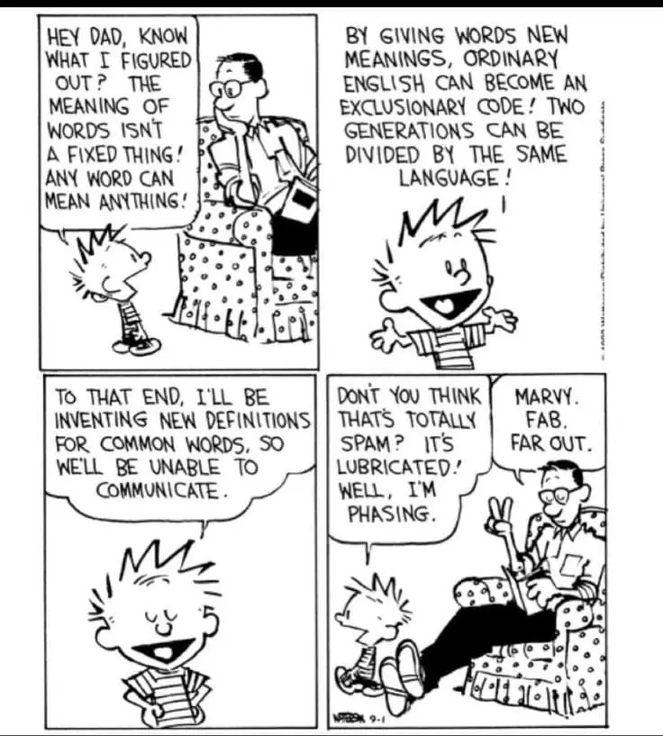 A four-panel comic strip from 'The Wizard of Id' shows a child enthusiastically explaining to his dad that words can mean…
