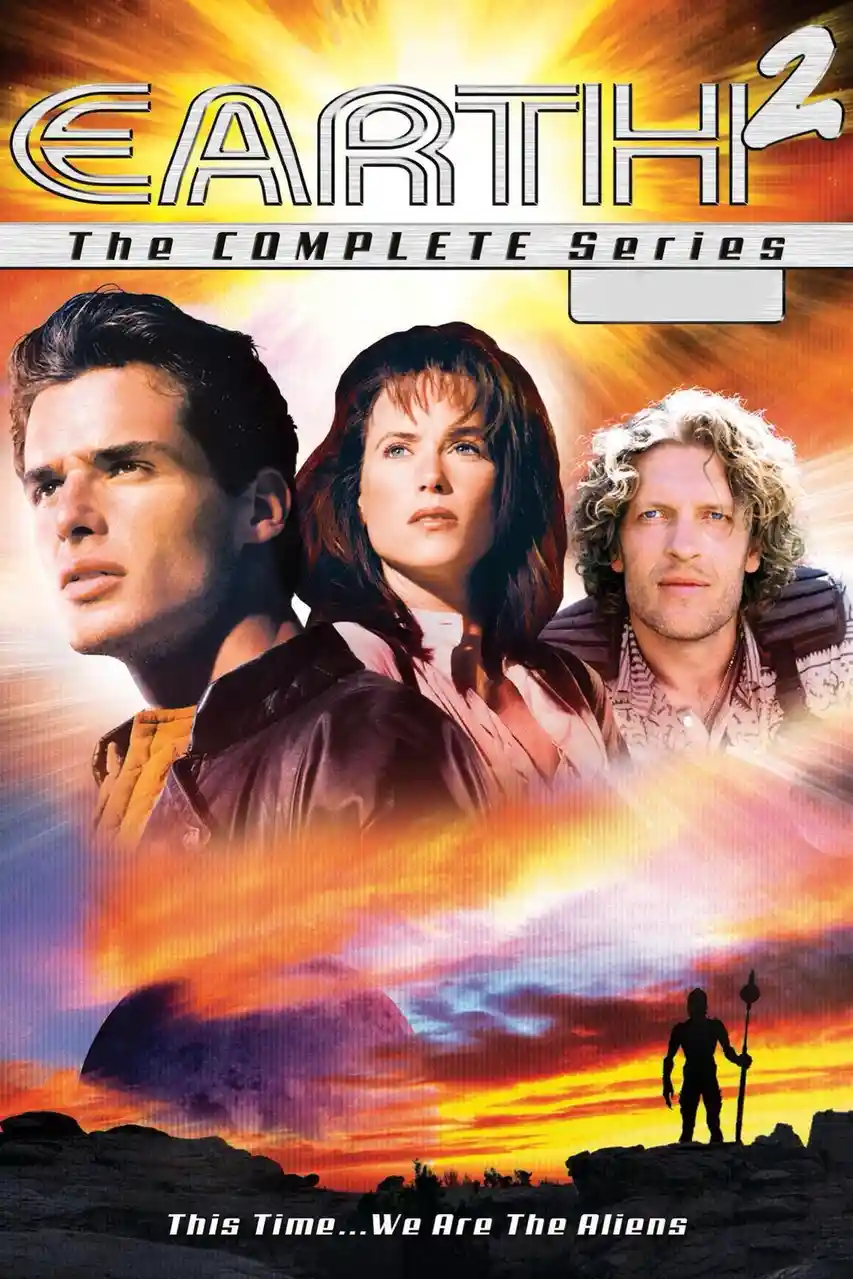 The image is a movie poster for 'Earth 2: The Complete Series,' featuring three main characters against a dramatic, colorful…