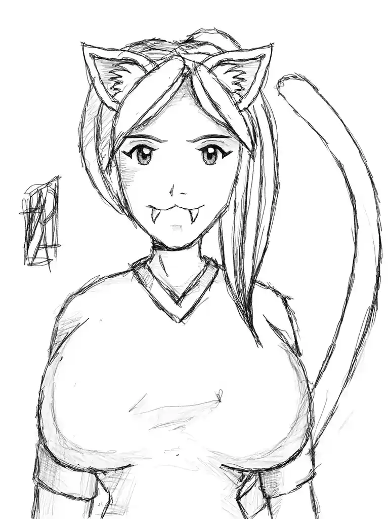 A black-and-white sketch of an anime-style girl with cat ears, fangs, and a long tail, wearing a v-neck shirt. The text…