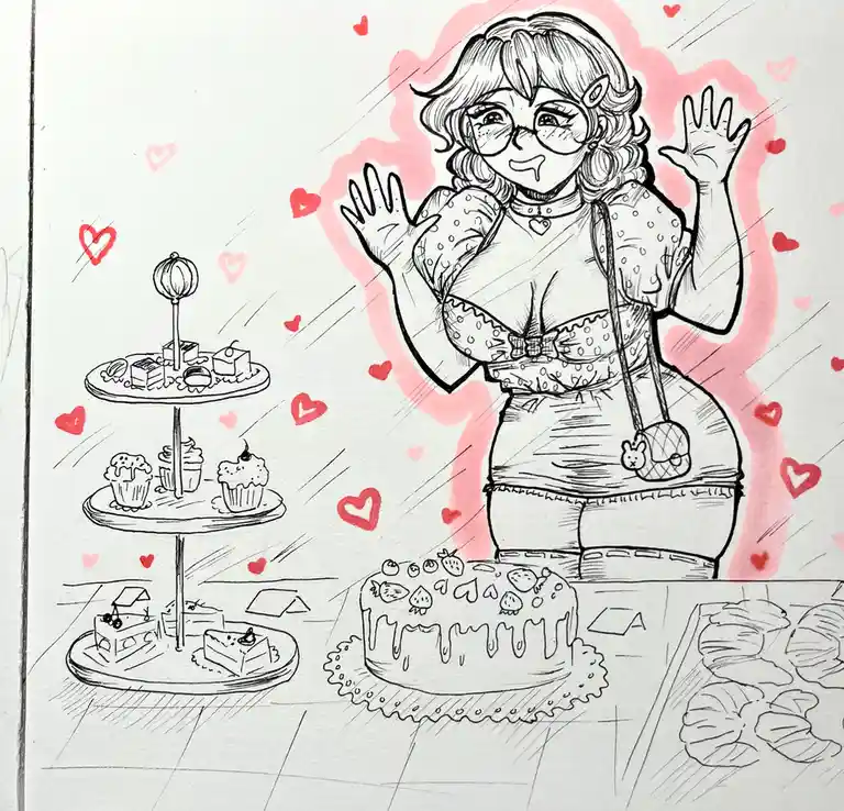 A hand-drawn anime-style illustration shows a girl with glasses and curly hair, smiling and waving with both hands while…