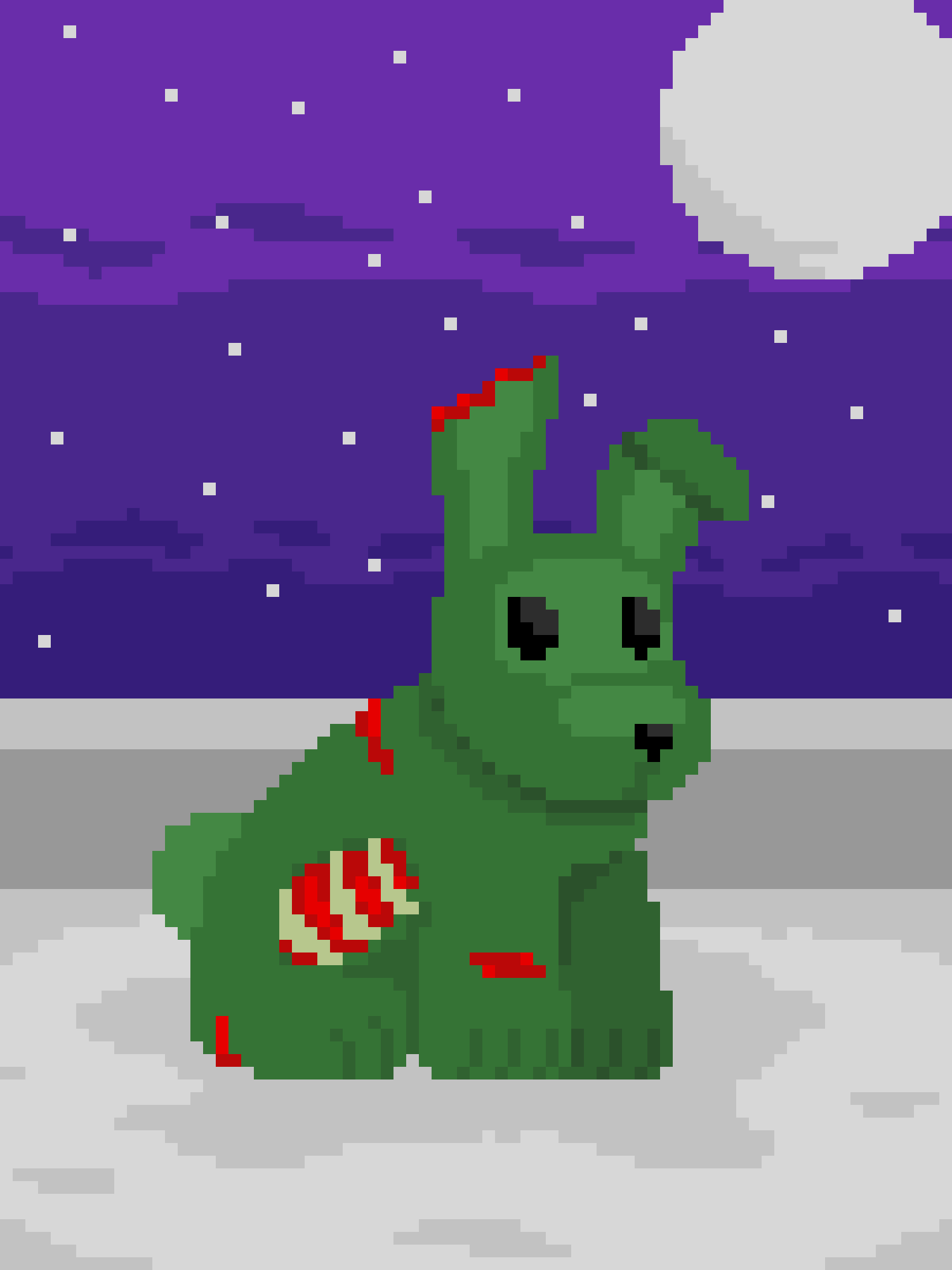 A pixel art image shows a green, sad-looking creature with a red rose on its chest sitting on clouds under a purple starry…