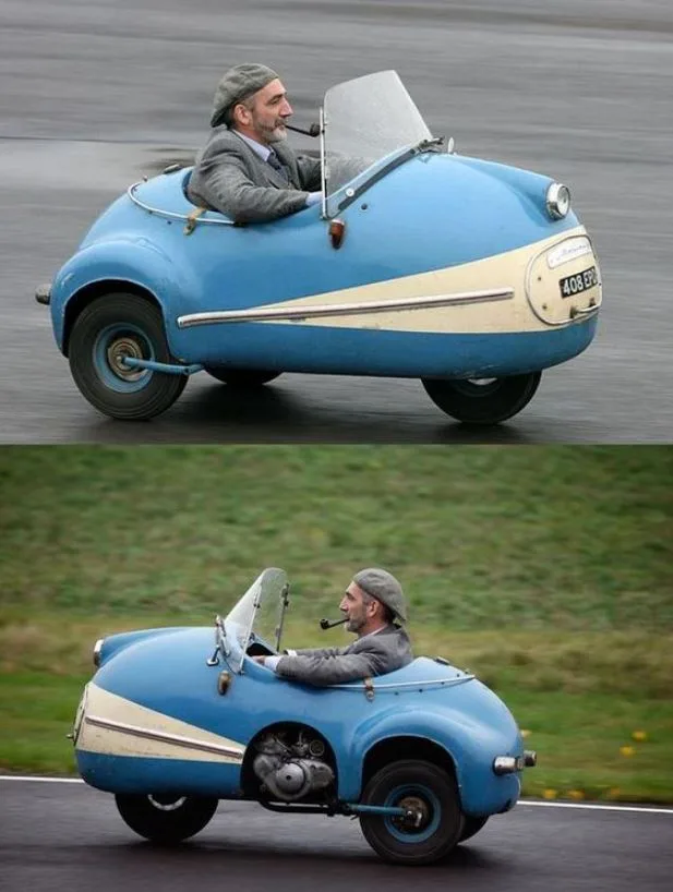 The image is a two-panel meme showing a man in a grey suit and cap driving a blue and cream-colored, single-seater…