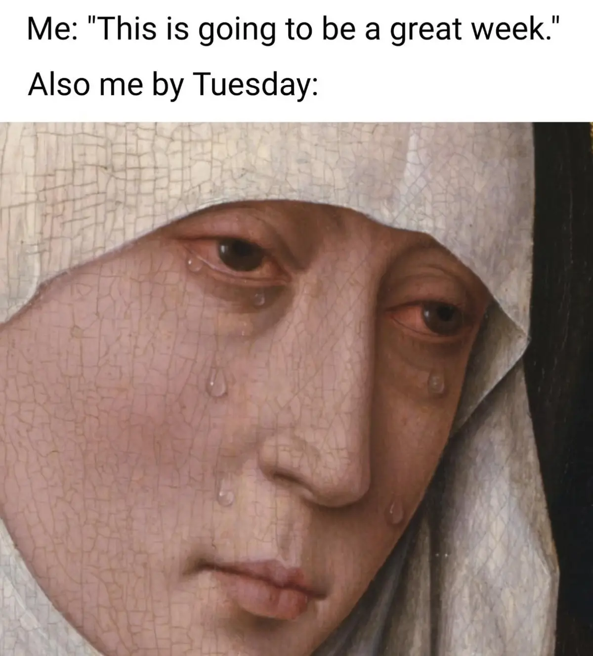A close-up of a classical painting shows a woman in a white head covering with tears streaming down her face, overlaid with…