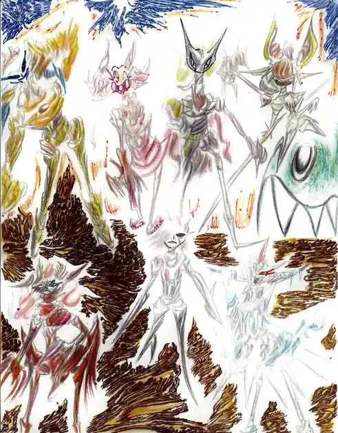 A colorful, chaotic sketch depicts multiple stylized, anime-inspired monster characters with exaggerated features, sharp…