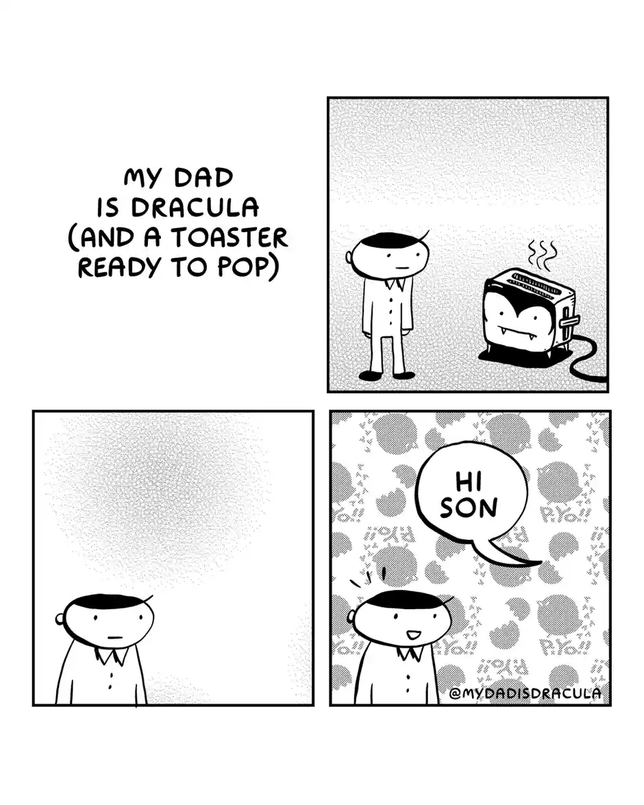 A four-panel comic strip shows a boy standing next to a toaster with fangs and steam, then alone, then smiling as a speech…