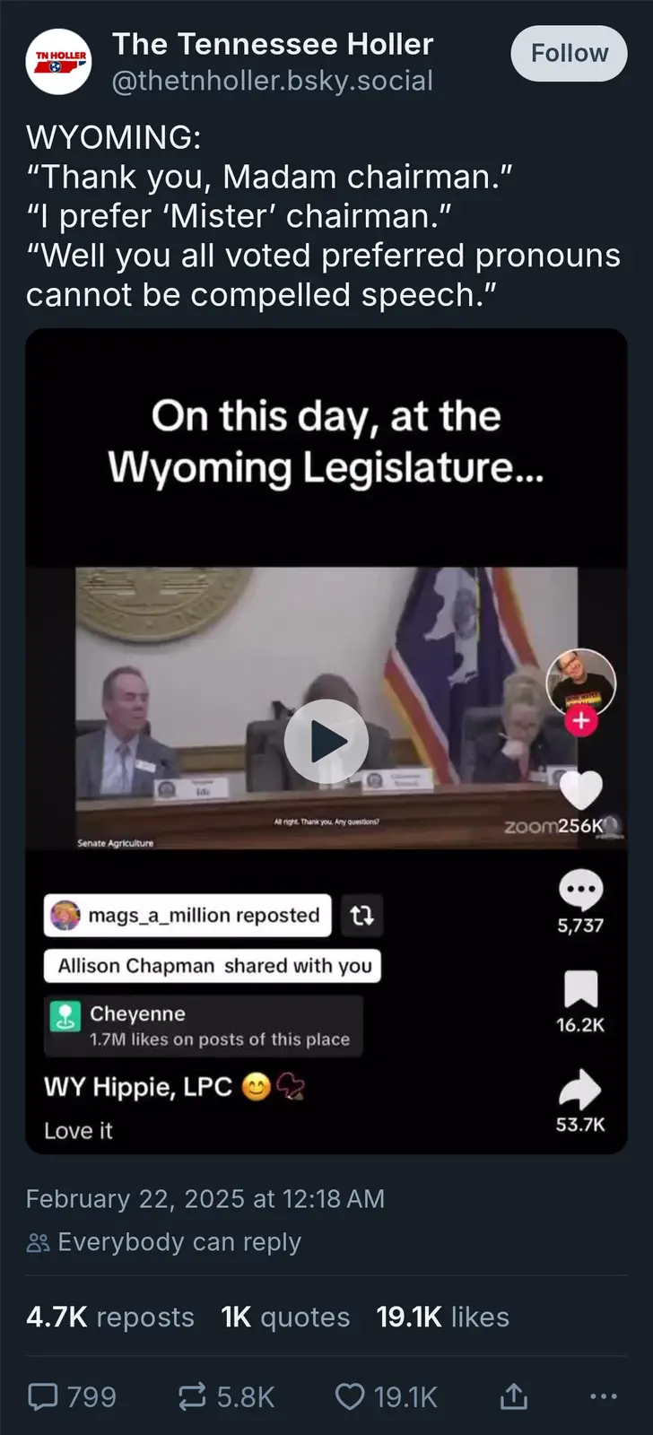 A screenshot of a social media post showing a video from the Wyoming Legislature with overlaid text quoting a legislative…