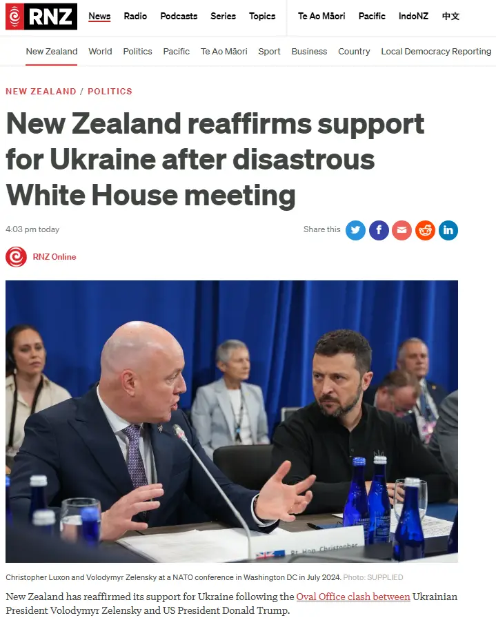 A screenshot of an RNZ news article headline about New Zealand reaffirming support for Ukraine after a White House meeting…