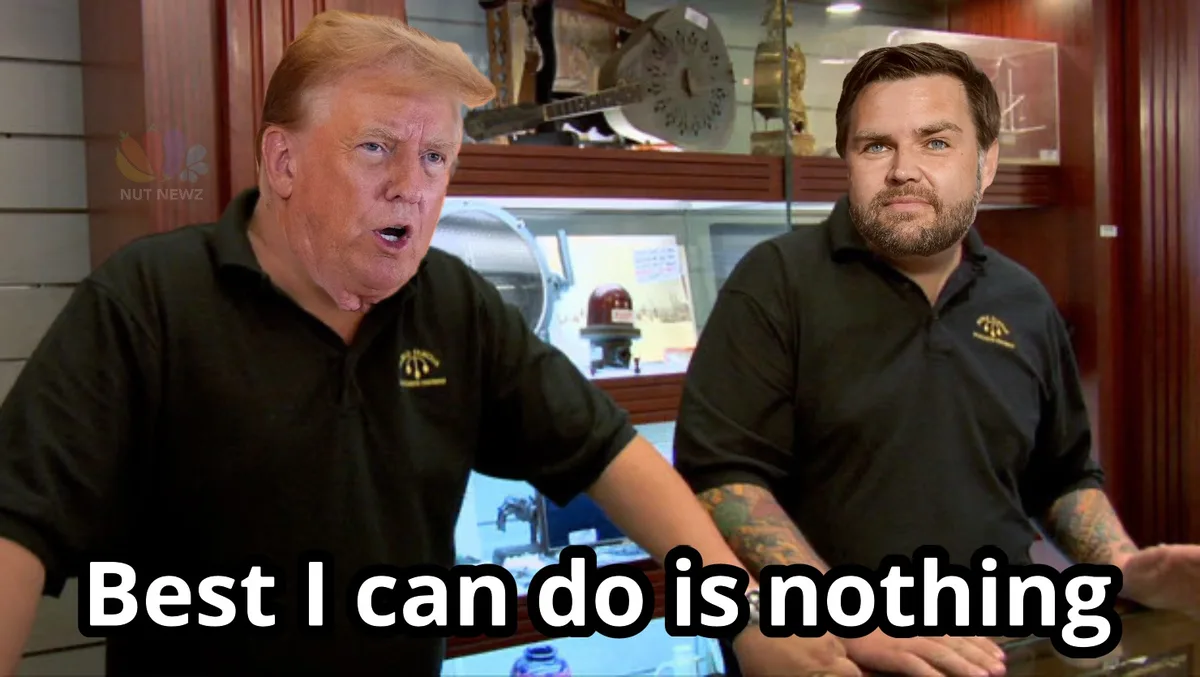 Two men in black polo shirts stand side by side in what appears to be a museum or display room with glass cases behind them…