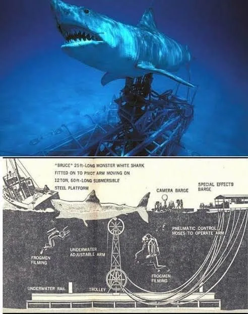 The image is a two-part meme. The top panel shows a large, realistic-looking great white shark (named Bruce) swimming…