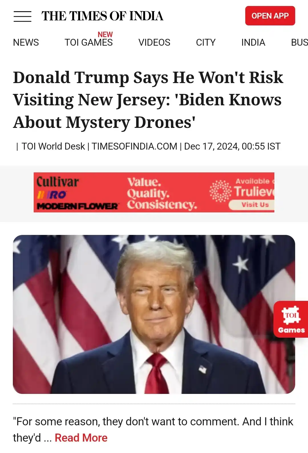 A screenshot of a Times of India news article from Dec 17, 2024, featuring a photo of Donald Trump in a suit and red tie…