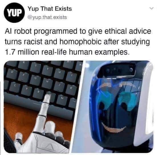 The image is split: left side shows a robotic hand with a silver, segmented finger pressing the 'Y' key on a black keyboard…