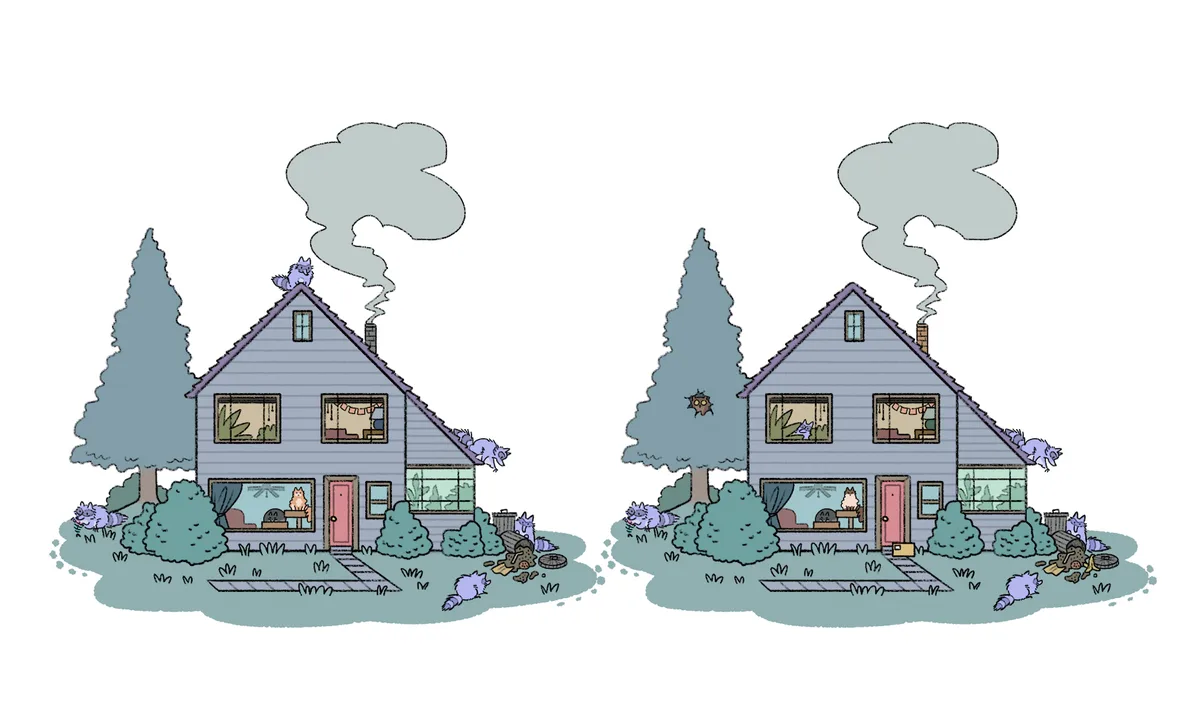 Two identical cartoon illustrations of a house with smoke coming from the chimney and multiple cats around it. The left…