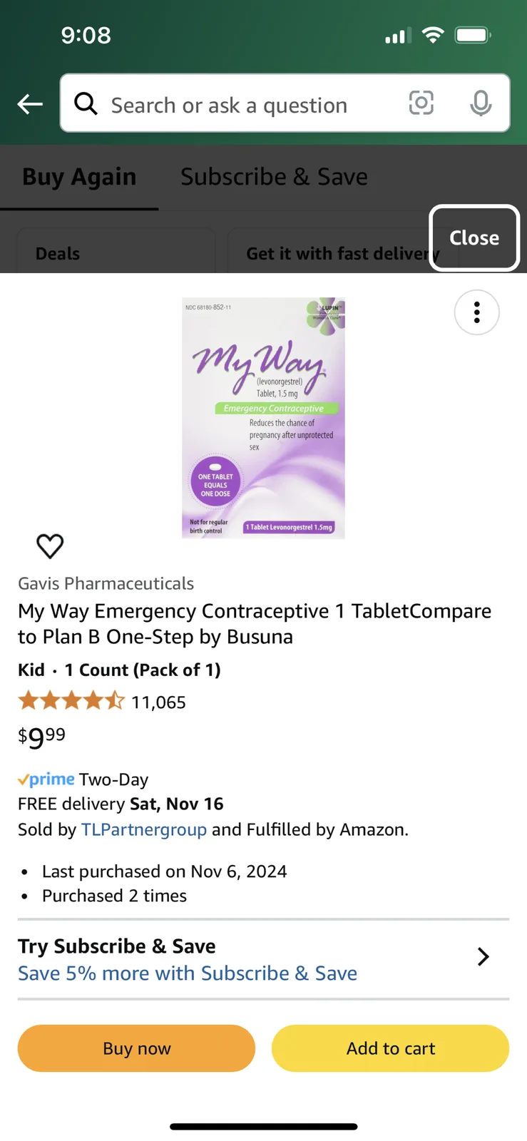 An Amazon product page for 'My Way Emergency Contraceptive 1 Tablet' by Gavis Pharmaceuticals, priced at $9.99, showing a…