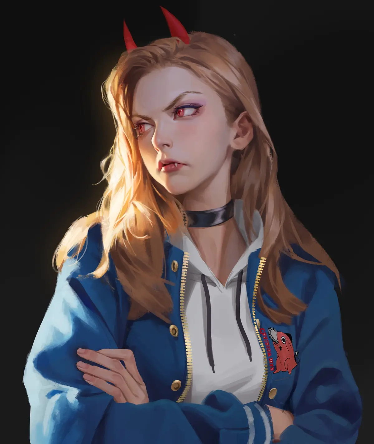 An anime-style illustration of a young woman with long blonde hair, red devil horns, and red eyes, wearing a blue varsity…