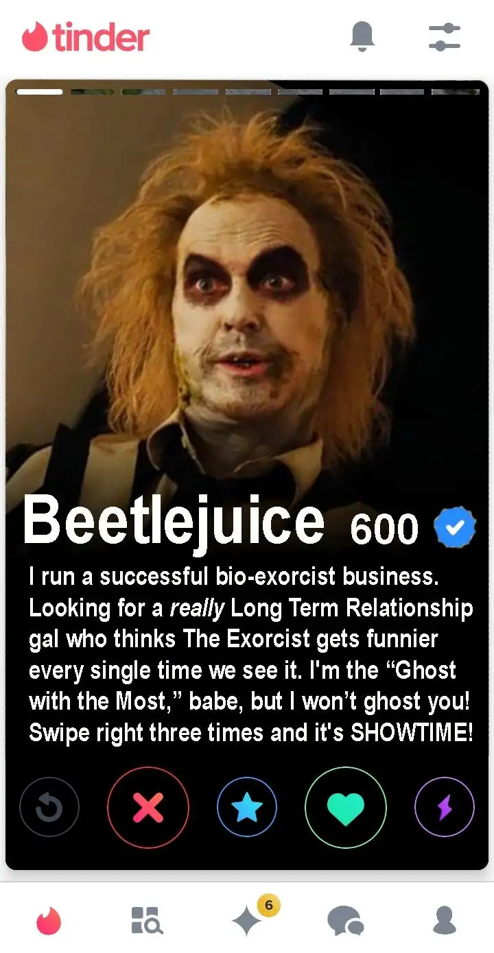 A screenshot of a Tinder profile featuring a photo of Beetlejuice with his signature makeup and wild hair. The profile name…