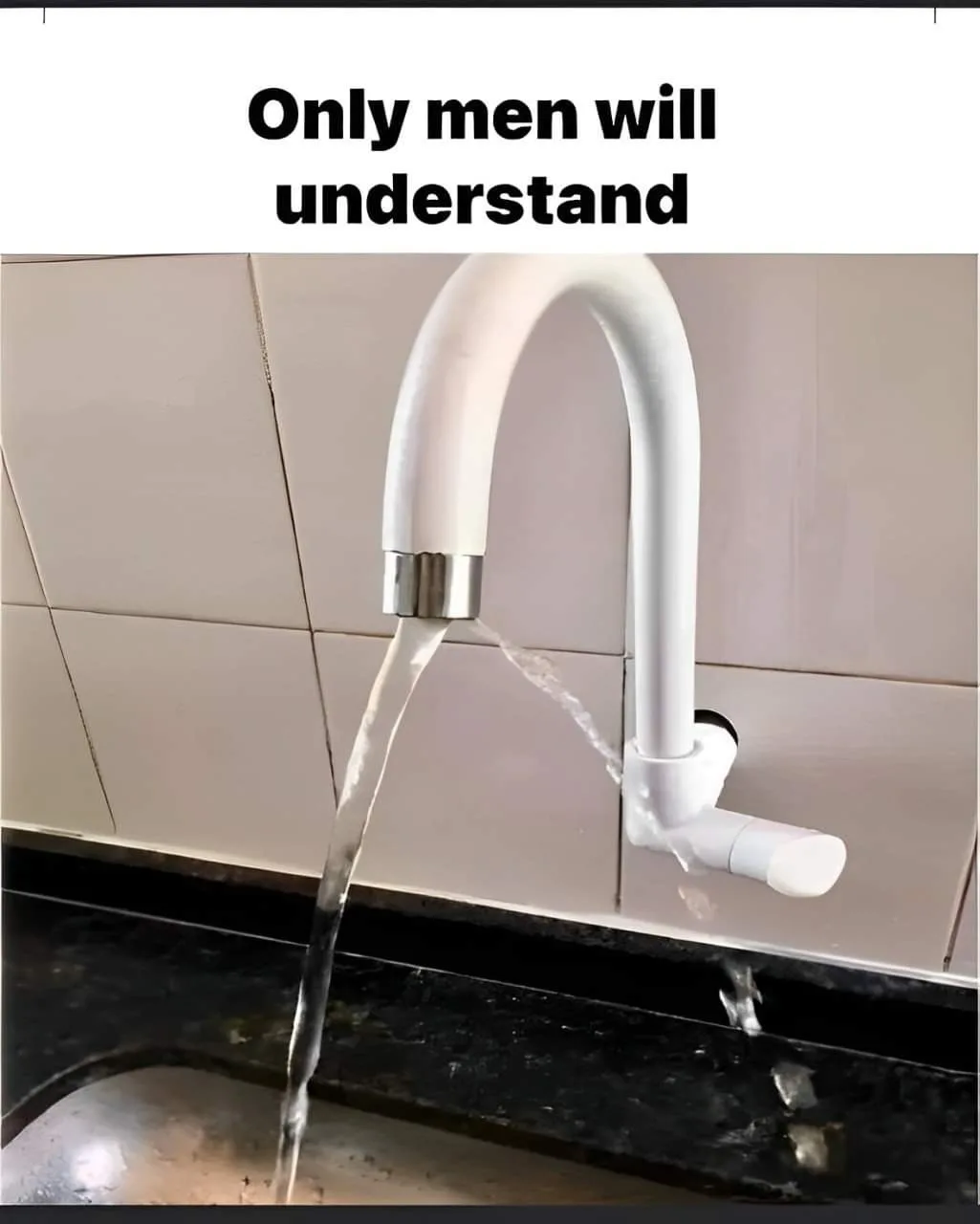 A close-up photo shows a white kitchen faucet with water flowing from its spout into a sink, while a small amount of water…