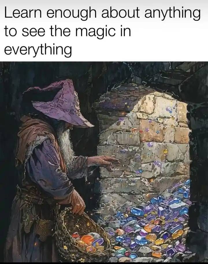 An illustration of a wizard in a purple hat and robe, with a long white beard, standing in a dark stone chamber. He is…
