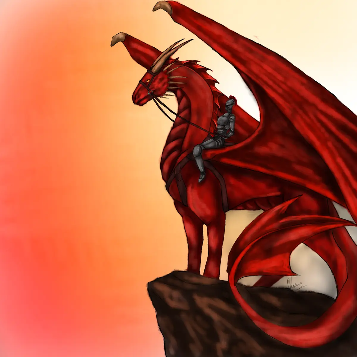A large, red dragon with brown horns and a bridle stands on a rocky outcrop against an orange sunset, with a small armored…