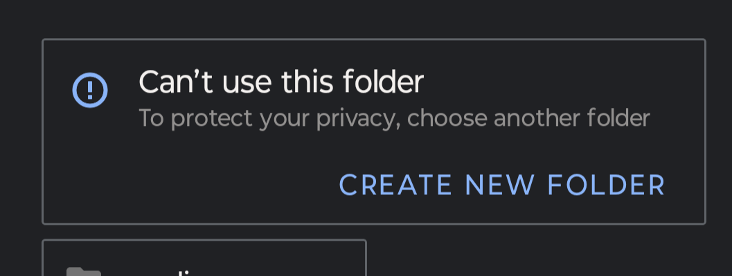 A dark-themed computer interface shows a warning message with a blue exclamation mark icon. The text reads 'Can't use this…