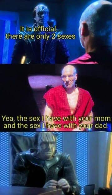 A three-panel meme from Star Trek: The Next Generation featuring the character Q. In the top panel, Q declares 'It is…