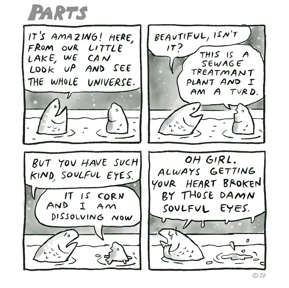 A four-panel comic strip titled 'PARTS' shows two cartoonish, partially submerged creatures in a lake. In the first panel…
