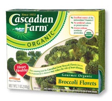 A box of Cascadian Farm Organic Broccoli Florets is shown, featuring a green and white design with images of broccoli. The…